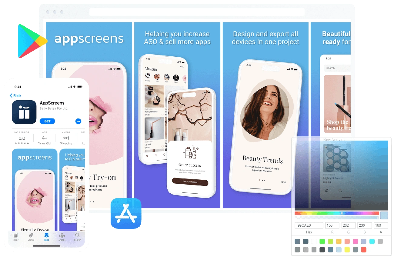 AppScreens responsive screenshot creator interface with multi-device preview for App Store and Google Play