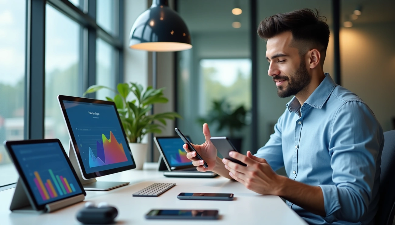 Man analyzing mobile marketing data on multiple devices in a modern office setting to boost app downloads in 2025.