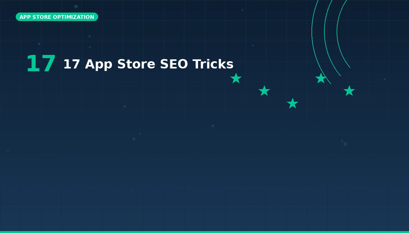 Smartphone with app icons under a magnifying glass, surrounded by stars, a trophy, and a workspace setup symbolizing app store SEO success.